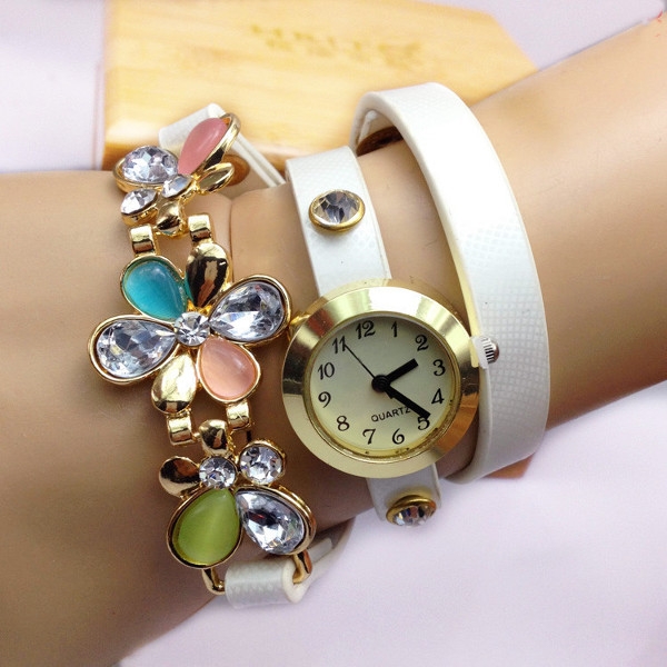 Rhinestone Blossom Long Strap Analog Bracelet Watc